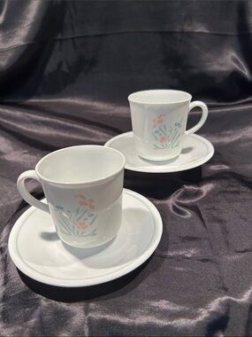 White Corelle by Corning USA Ceramic Mug and Saucer Set with Pastel Floral Motif
